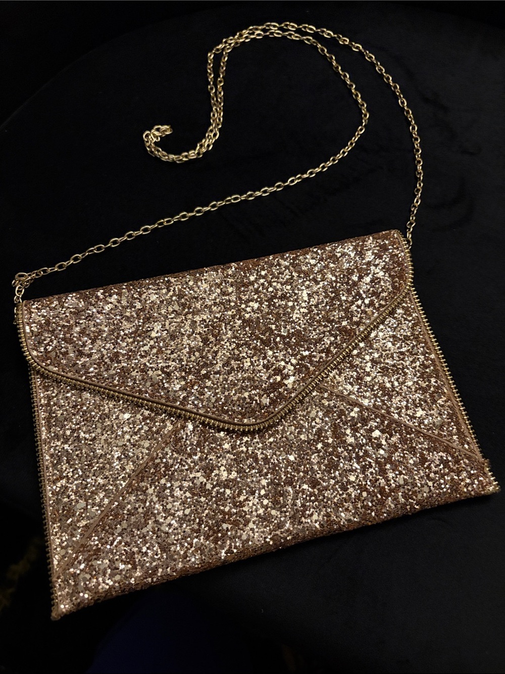 Glitter Envelope Clutch in Rose Gold with Chain Strap